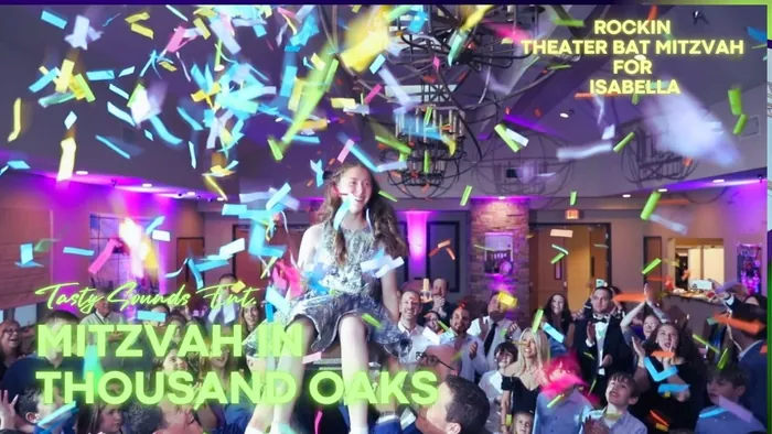 A rockin’ theater-themed bat mitzvah for Isabella in Thousand Oaks, confetti over the floor.